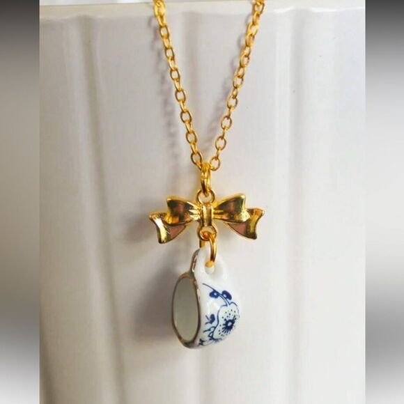 Gold and Blue Bow Pendant Necklace S926 - Picture 1 of 5
